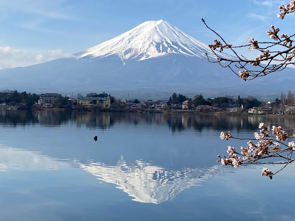 Snow-capped Mount Fuji reflected in the calm waters of Lake Kawaguchiko, framed by blooming cherry blossoms under a clear blue sky.