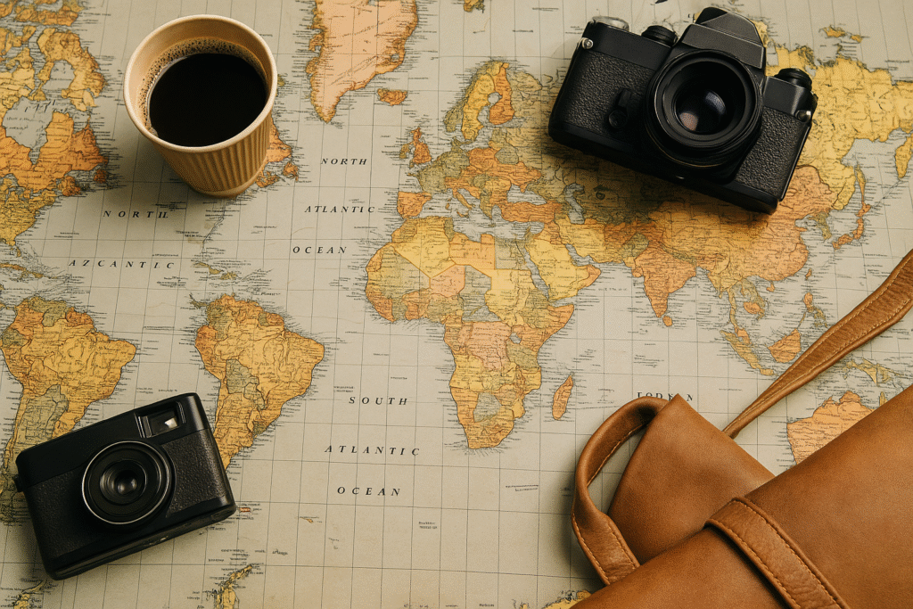 Flat lay of a world map with a cup of coffee, two vintage cameras, and a brown leather travel bag — symbolizing travel planning and global exploration.