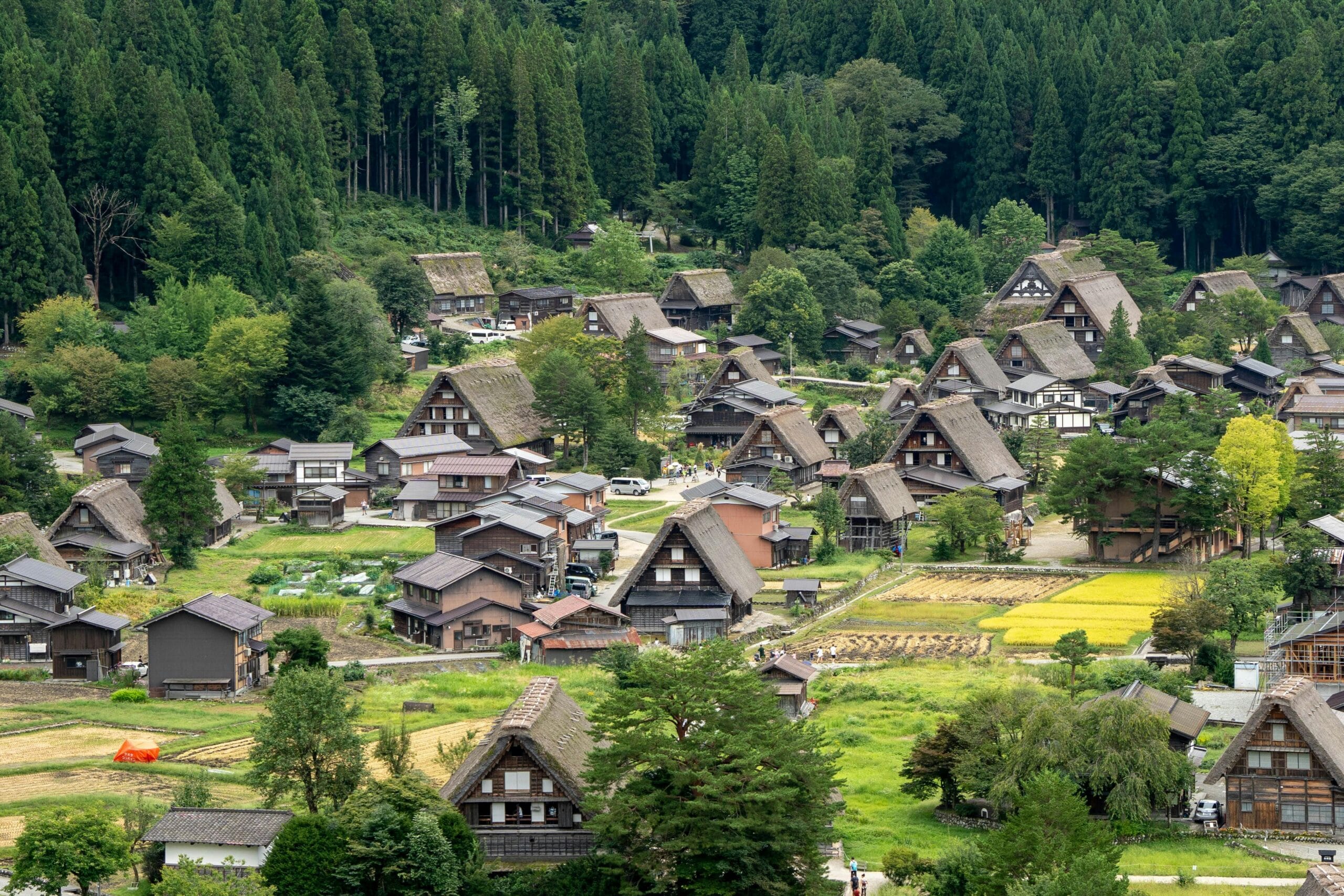 Aerial view of Shirakawa-go showcasing traditional Gassho-zukuri houses in a lush green landscape.