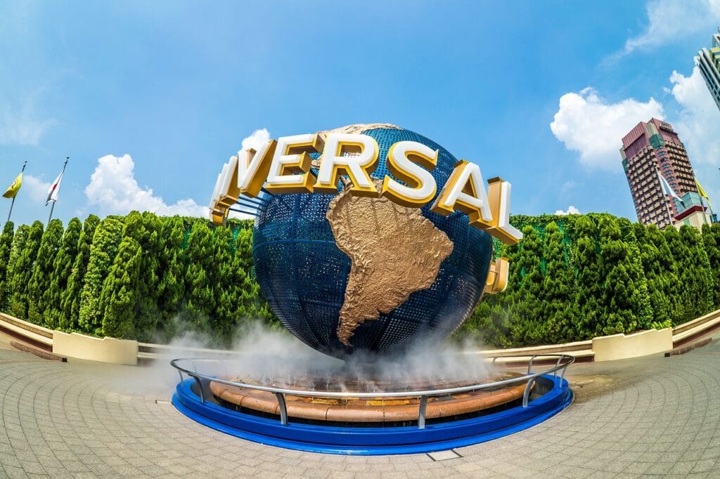 Iconic Universal Studios globe monument (USJ) in Japan symbolizing entrance to the theme park.