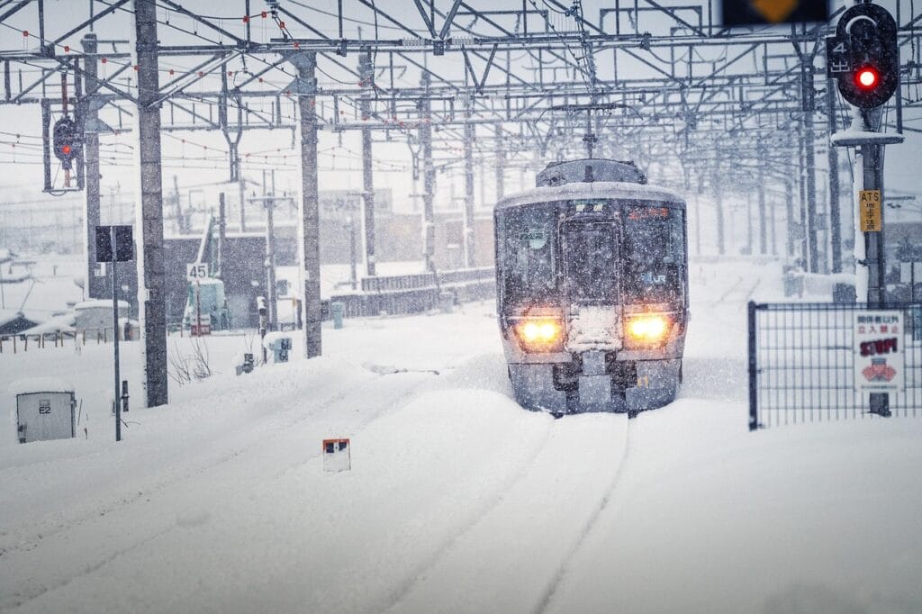 train, nature, snowstorm, snow, winter, northern lake biwa, japan