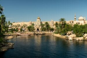 Captivating view of the Mediterranean Harbor at Tokyo DisneySea with boats and lush greenery.